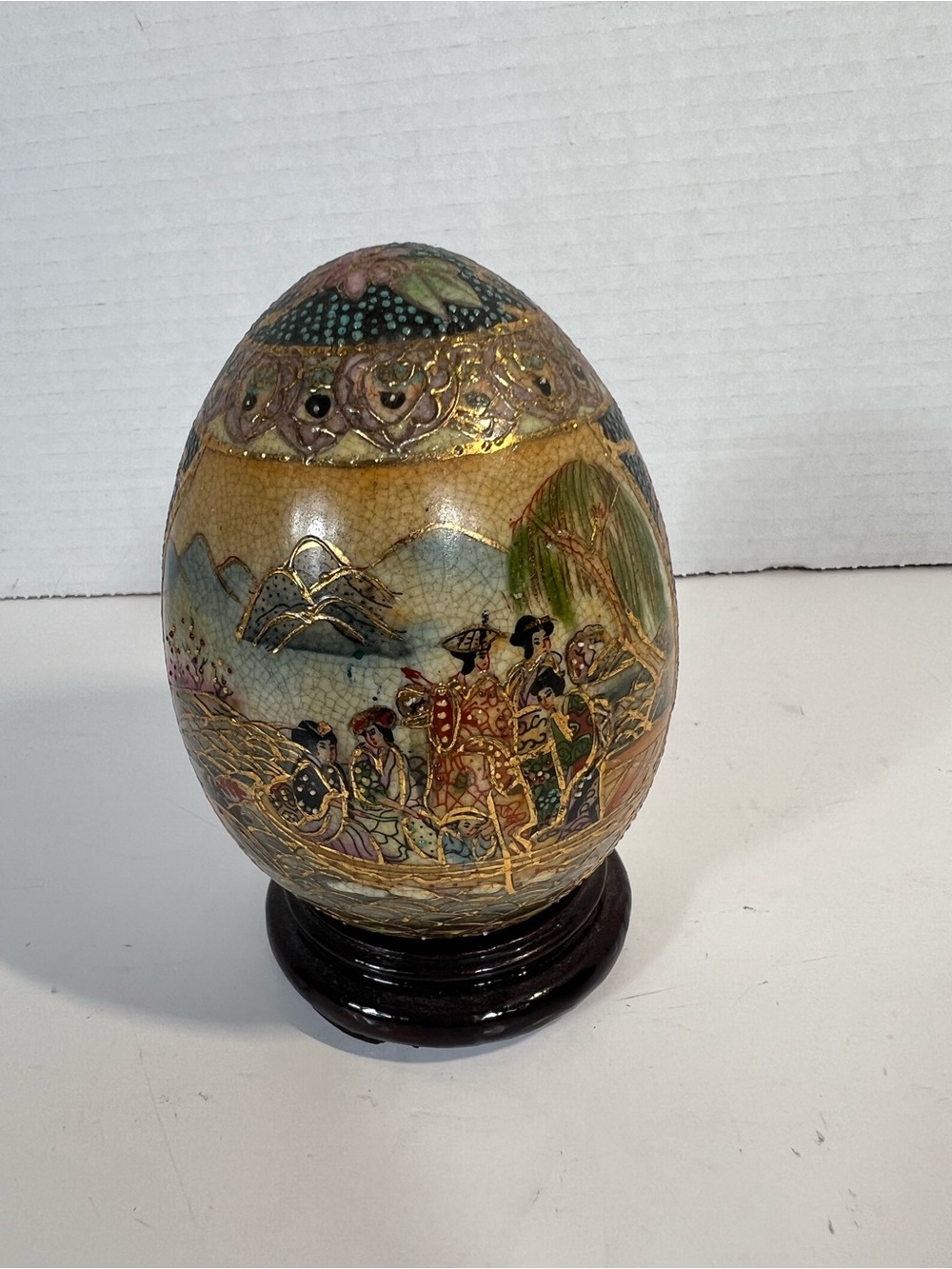 Vintage Chinese Satsuma Style Ceramic Decorative Egg With Wood Stand
